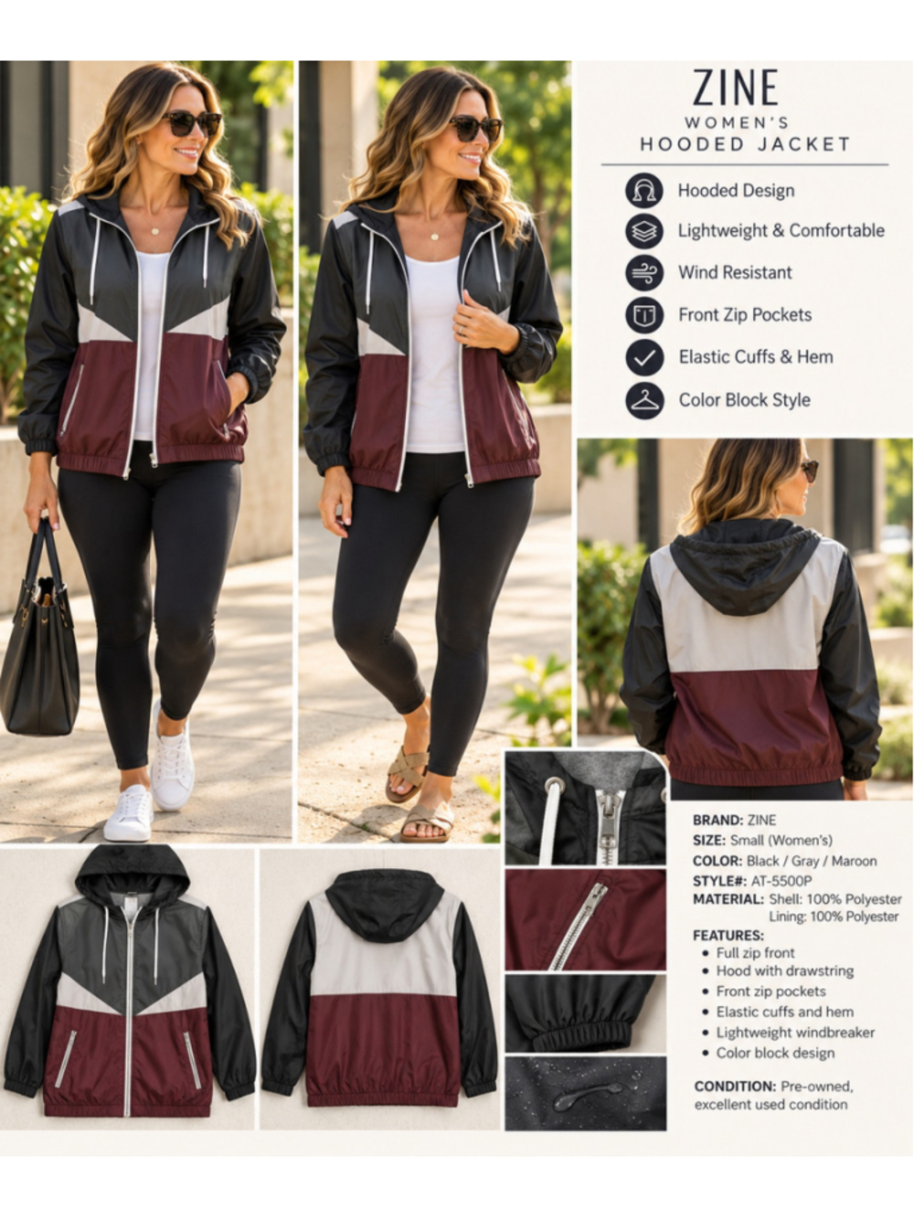 Zine Women's Hooded Windbreaker Jacket Black Gray Maroon Small -INV534 A7